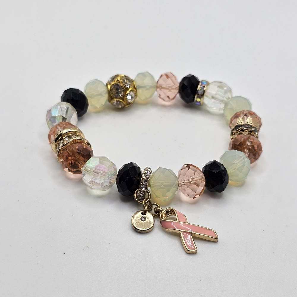 Stella & Dot Breast Cancer Awareness Multicolor Beaded Bracelet w Pink Charm